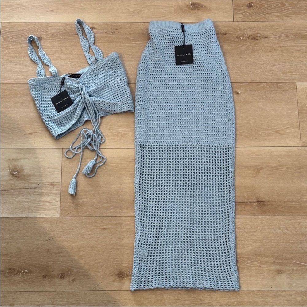 JLUXLABEL BLUE KNIT 2 PIECE SKIRT SET CROP TOP SZ S